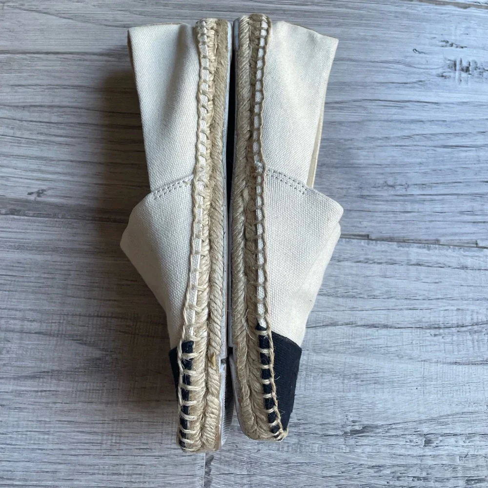 Tory Burch Canvas Espadrille Cream/Black/Tan Slip On Classic Quiet Luxury SZ 7.5